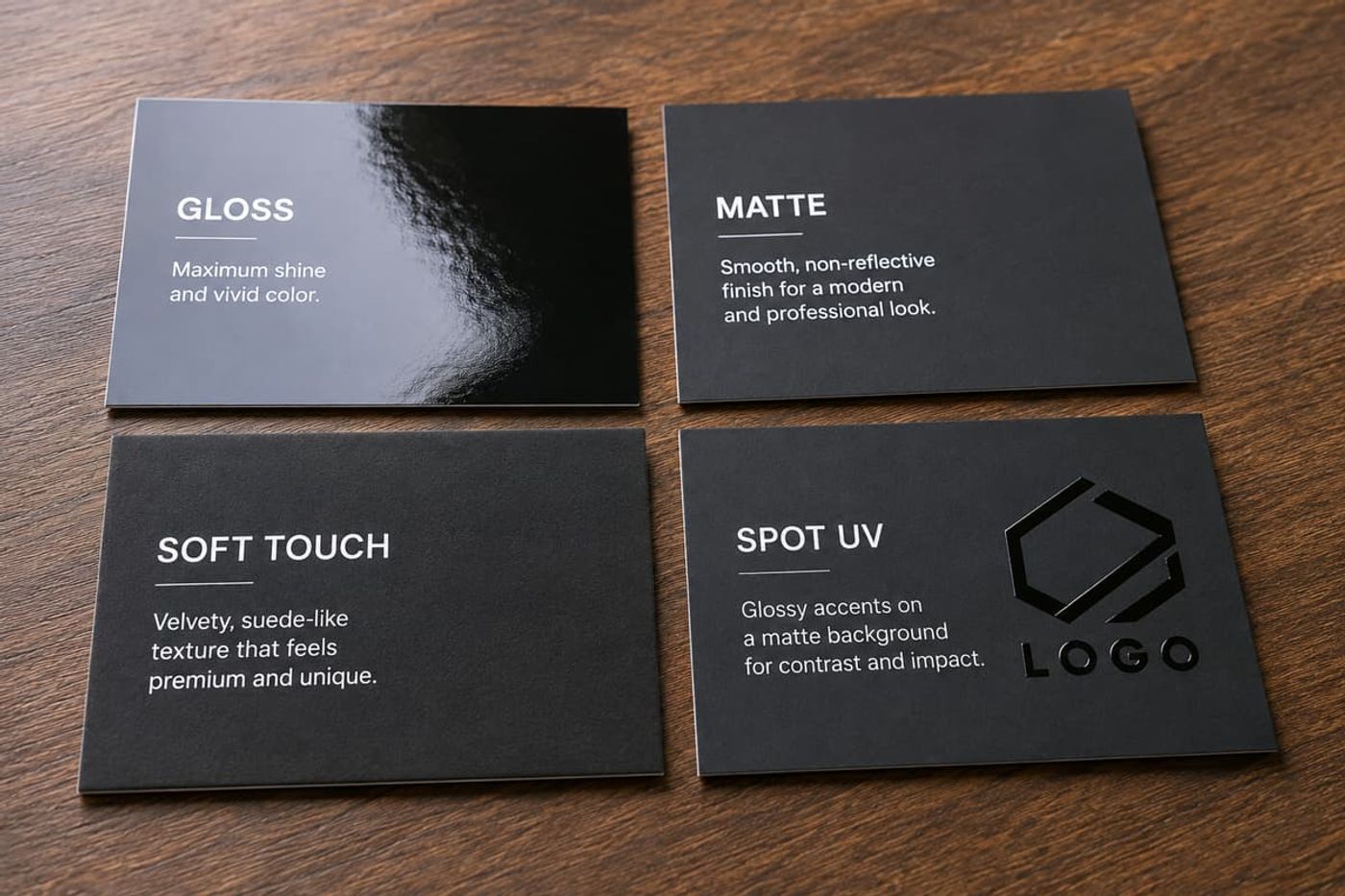 Comparison of four business card finishes: gloss, matte, soft touch, and spot UV on a wooden surface.