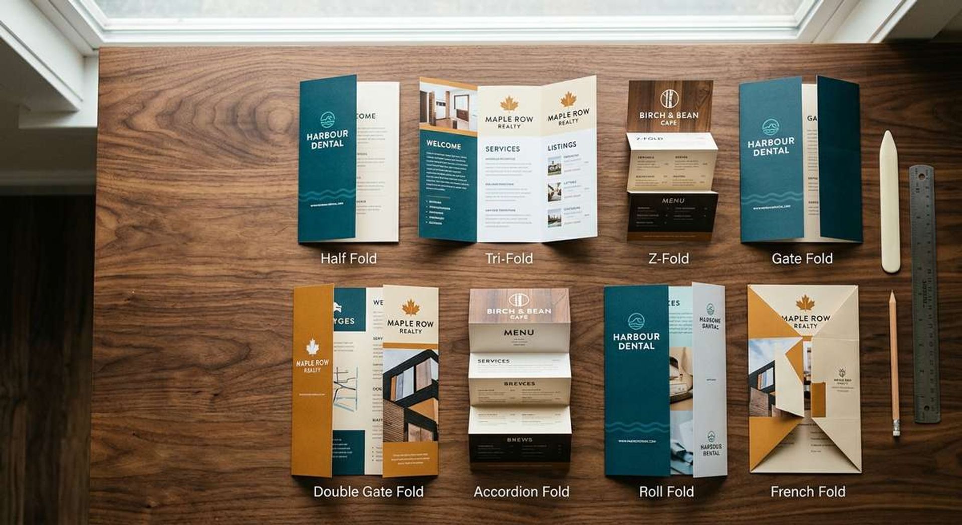 Printed brochures showing half fold, tri-fold, Z-fold, gate fold and accordion folds on a wooden desk