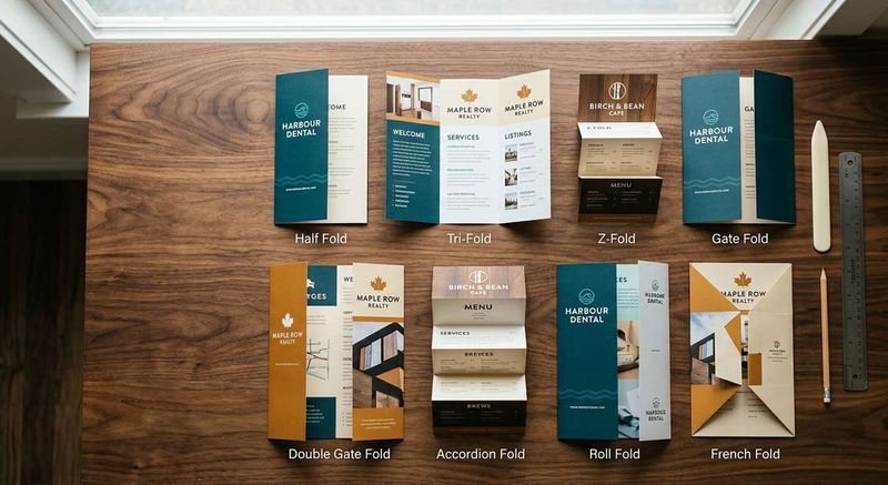 Printed brochures showing half fold, tri-fold, Z-fold, gate fold and accordion folds on a wooden desk