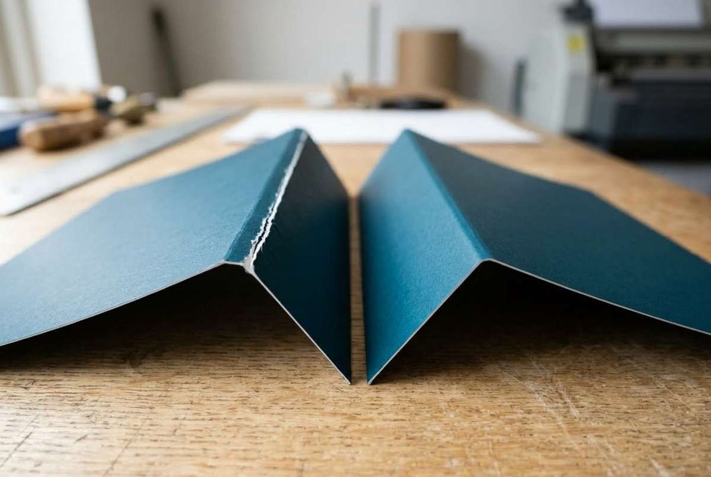 Scored brochure fold compared with a cracked unscored fold on dark coated card stock