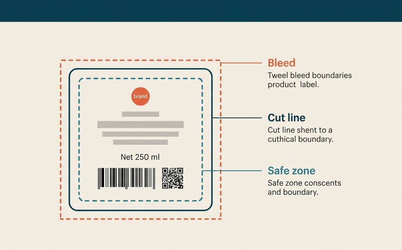Diagram showing a product label template with bleed, cut line, safe zone, net volume, barcode, and QR code.