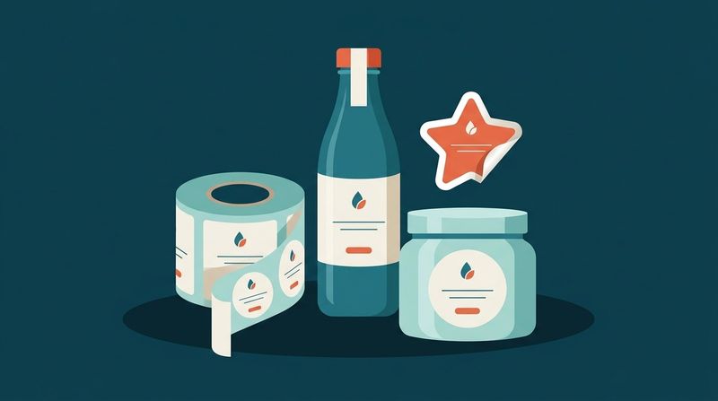 Illustration of labeled jars, a bottle, label rolls, and a star-shaped label on a dark teal background.