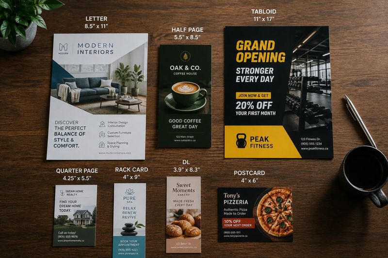 Print marketing size guide showing standard flyer, postcard, rack card, and brochure dimensions on a wooden desk.