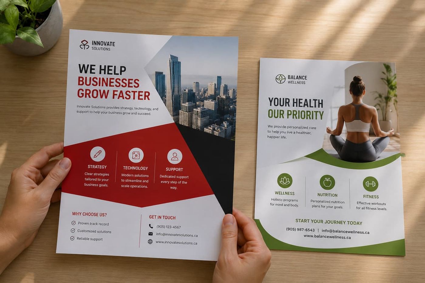 Hands holding printed marketing flyers for business consulting and health wellness services on a wooden desk.