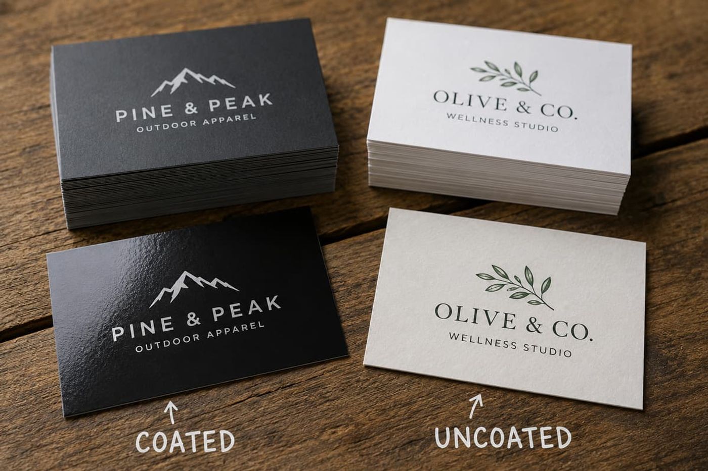 Side-by-side comparison of coated and uncoated business card paper finishes on a wood surface.