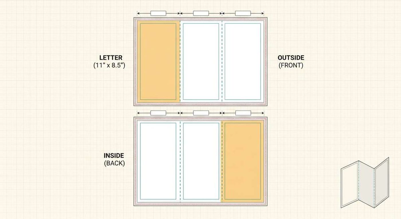 Tri-fold brochure layout showing panel order and widths on the outside and inside of a Letter sheet