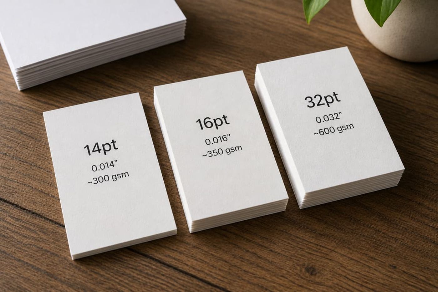 Cardstock paper thickness comparison showing 14pt, 16pt, and 32pt paper weight stacks for business cards.
