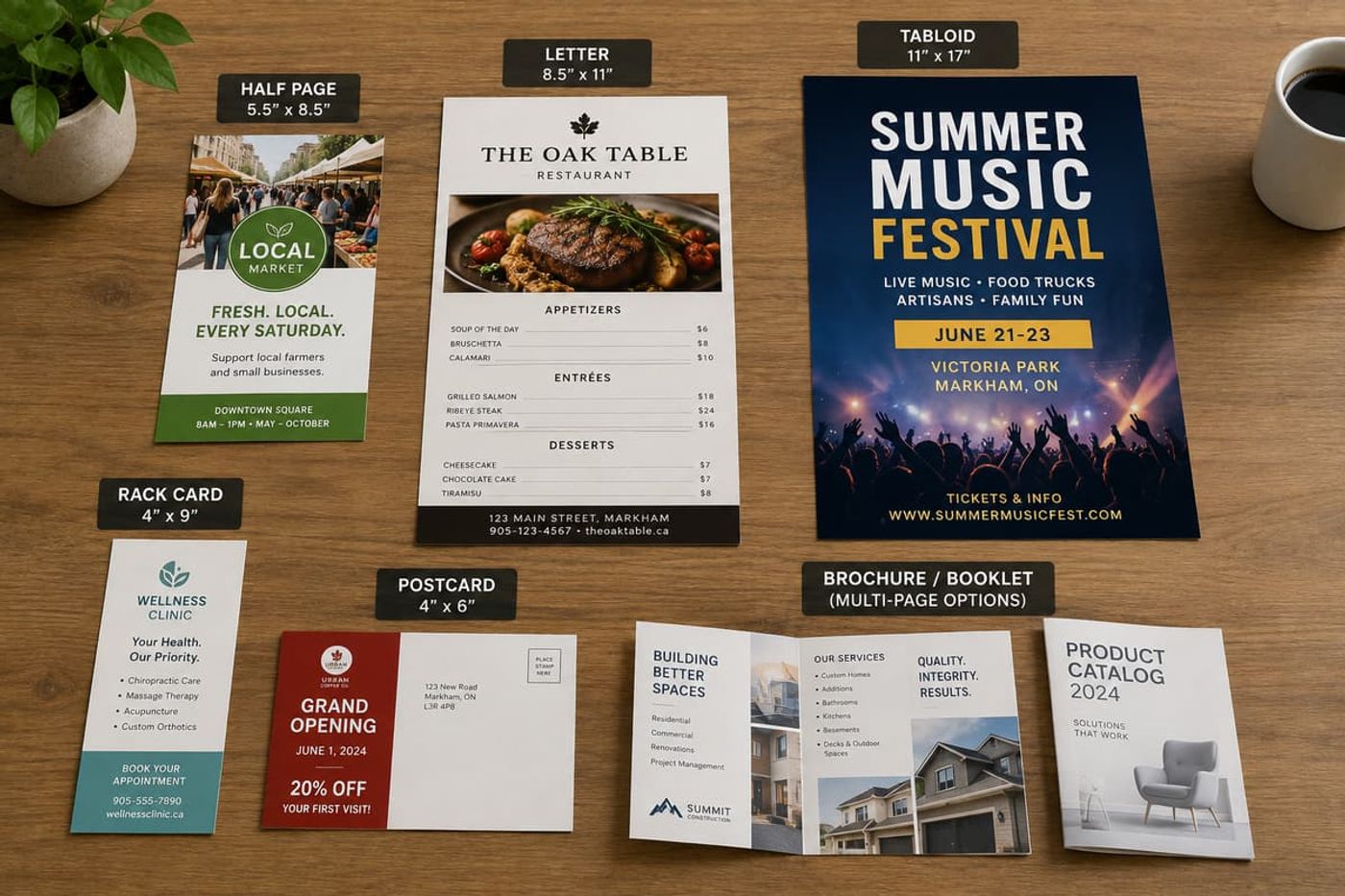 Print marketing sizes featuring flyers, restaurant menus, event posters, postcards, brochures, and product catalogs.