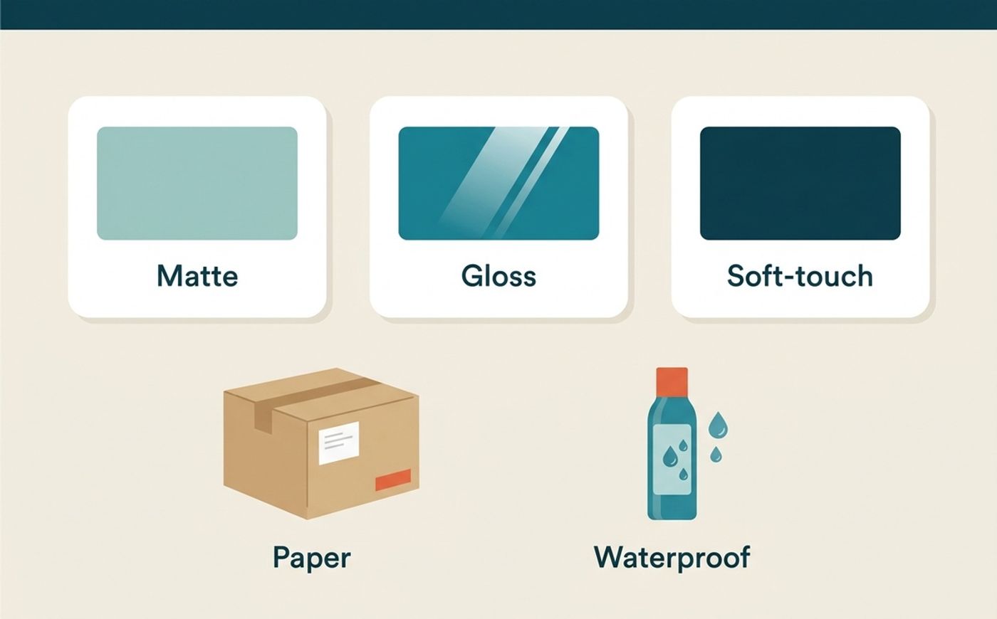 Illustration comparing matte, gloss, soft-touch, paper, and waterproof label finishes.