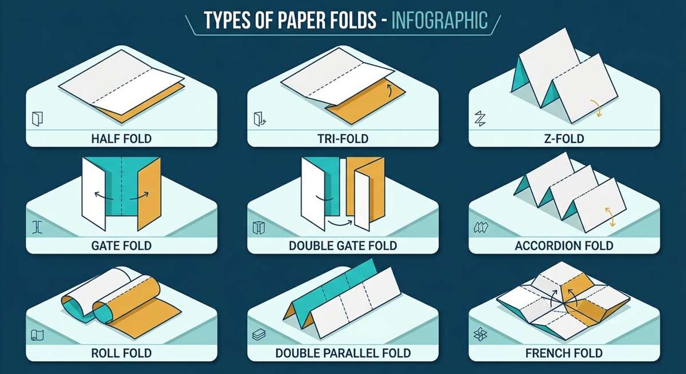 Diagram comparing half fold, tri-fold, Z-fold, gate fold, accordion, roll, double parallel and French fold brochures