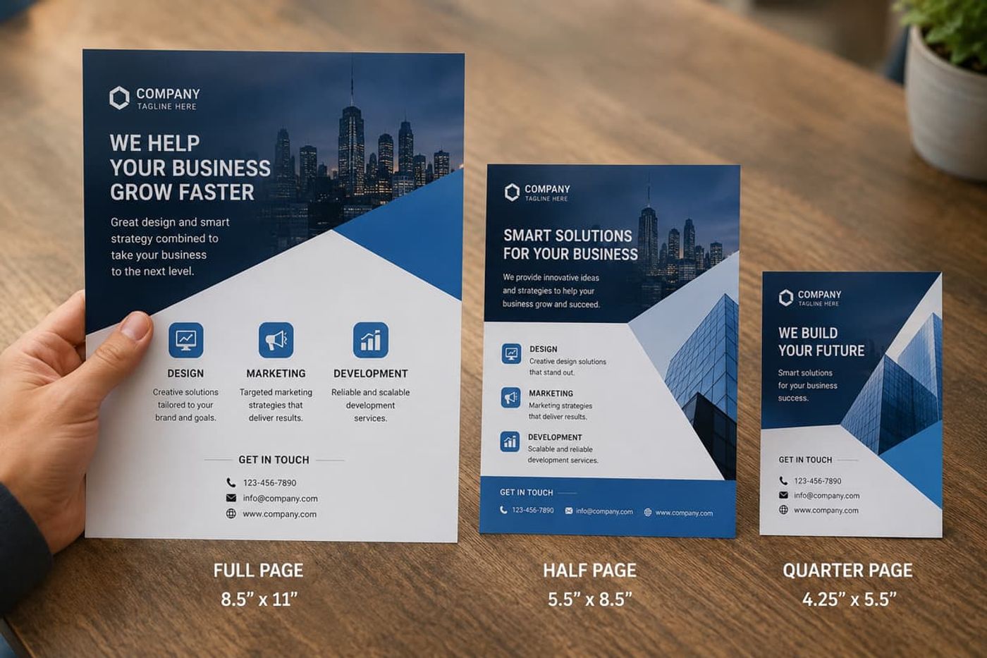 Blue corporate business flyers shown in full page, half page, and quarter page print sizes.